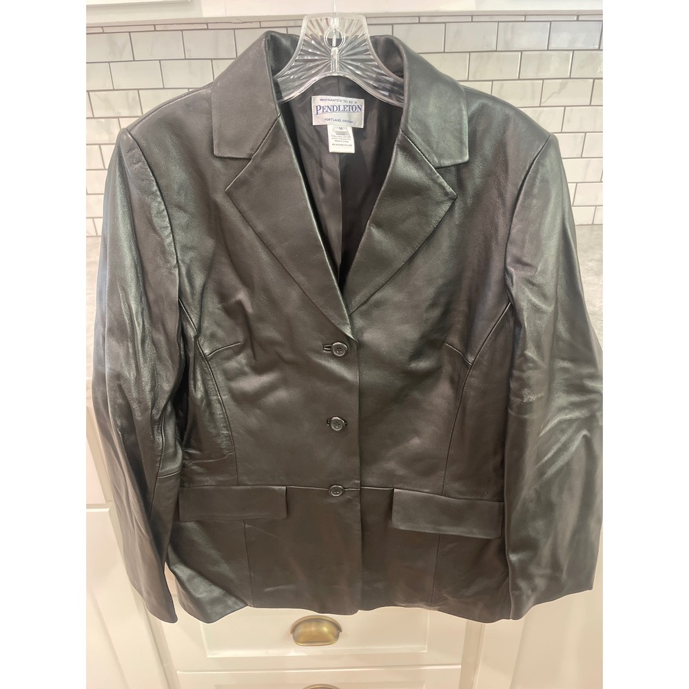 Pendleton Jacket Women M Black Leather Blazer 3-Button Long Sleeve Coat Classic